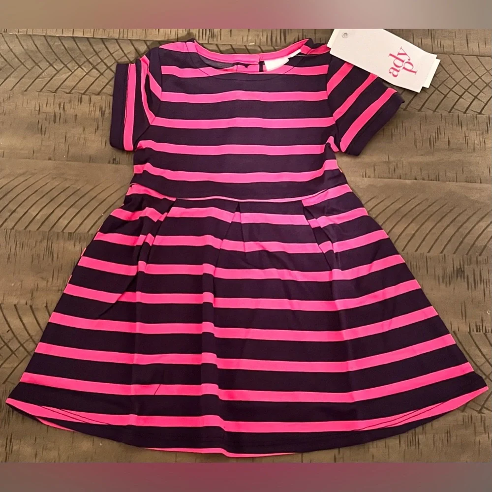NWT tAdyson Parker - Striped Toddler Dress, Rich Navy Combo Hot Pink, Size: 2T